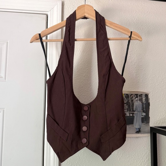 la Scala u.s.a. Tops - VINTAGE y2k brown paper tag halter neck cropped vest tuxedo top